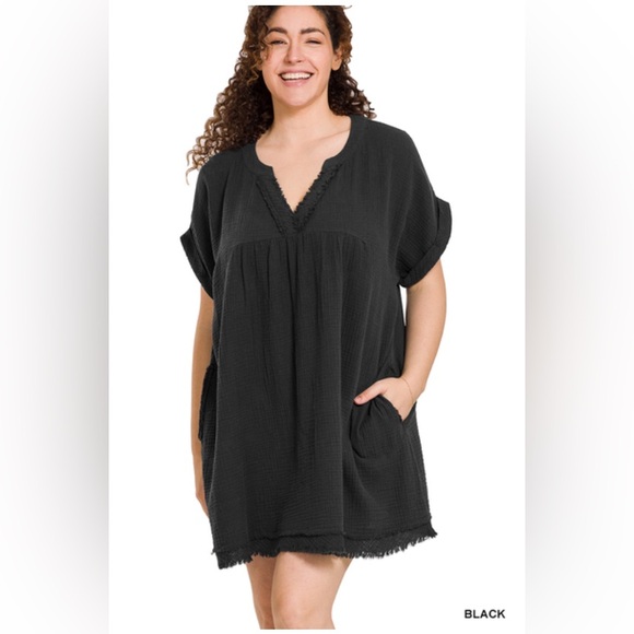 Zenana Outfitters Dresses & Skirts - NWT ZENANA PLUS GAUZE ROLLED SHORT SLEEVE RAW EDGE V-NECK DRESS